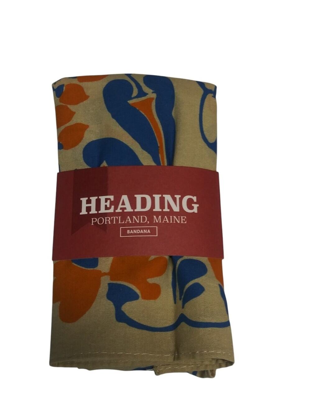 Heading Portland Maine Floral Bandana - Blue & Orange on Tan